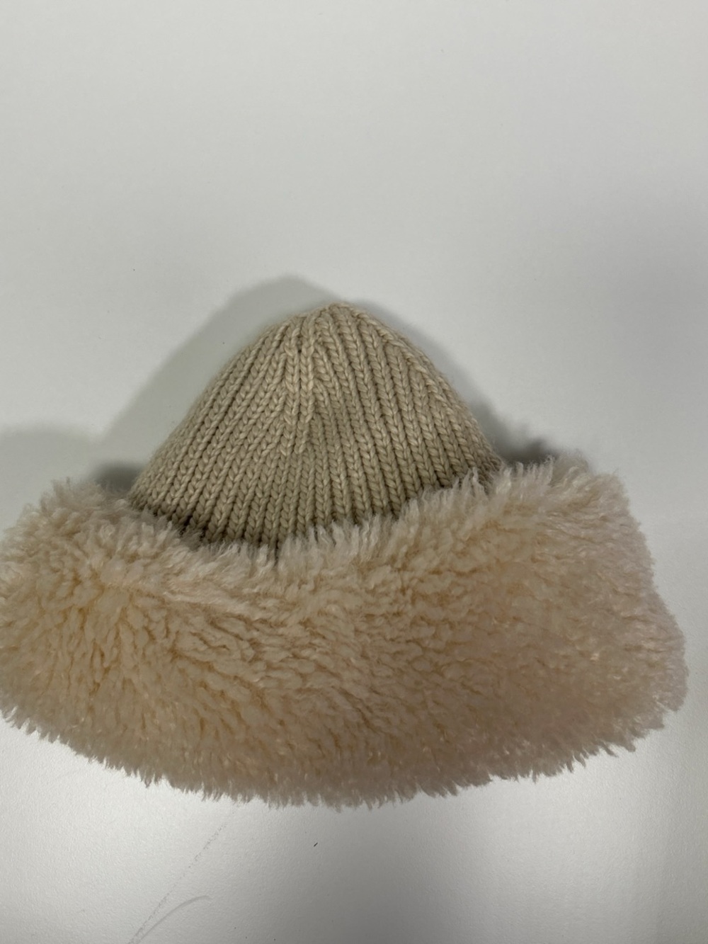 aerie Cream Knit Beanie with Faux Shearling Trim